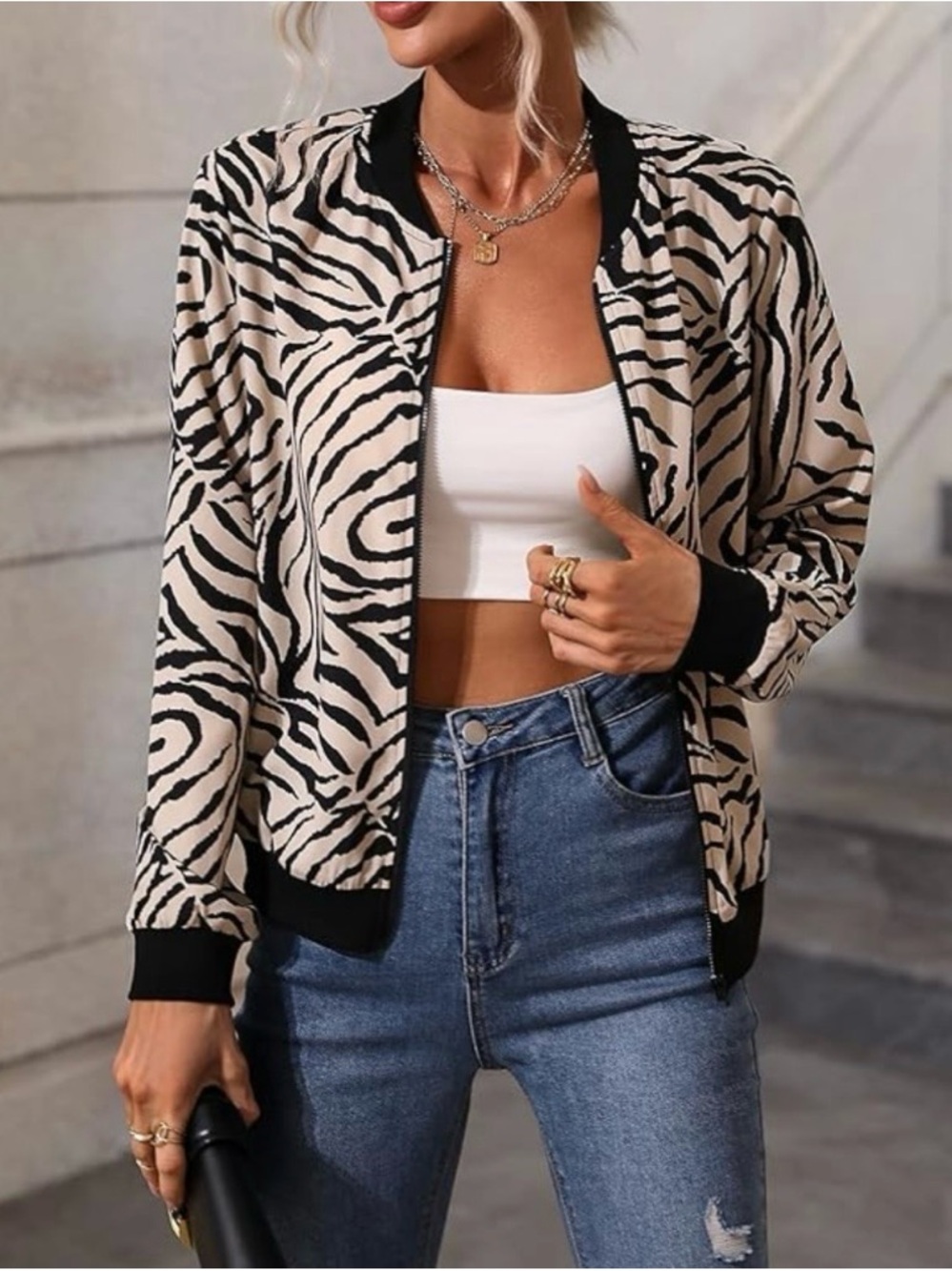 Zebra Print Bomber Jacket - Black & Cream